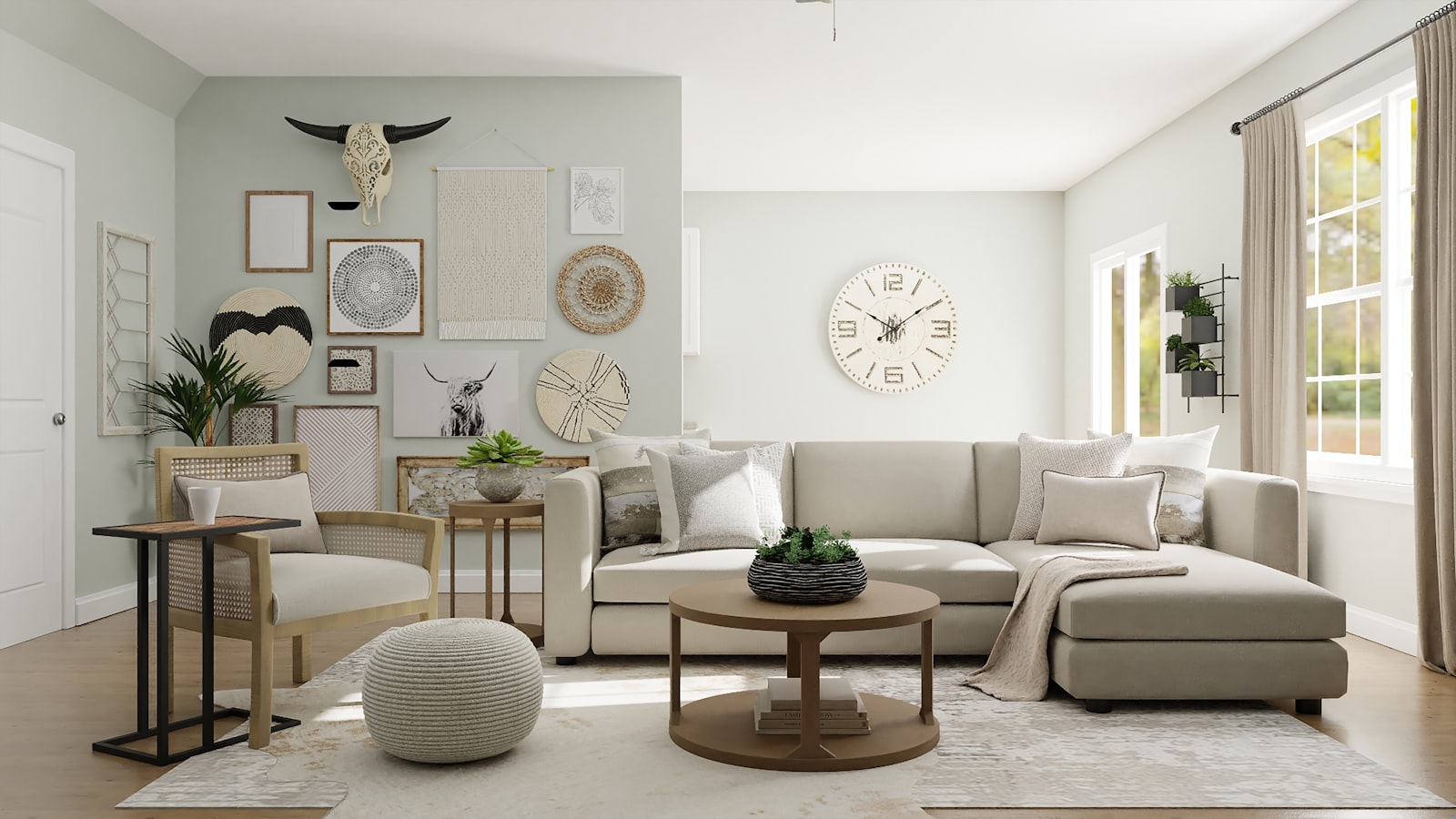 A warm, elegant living room with consistent neutral tones, wood accents, and softly styled layered decor