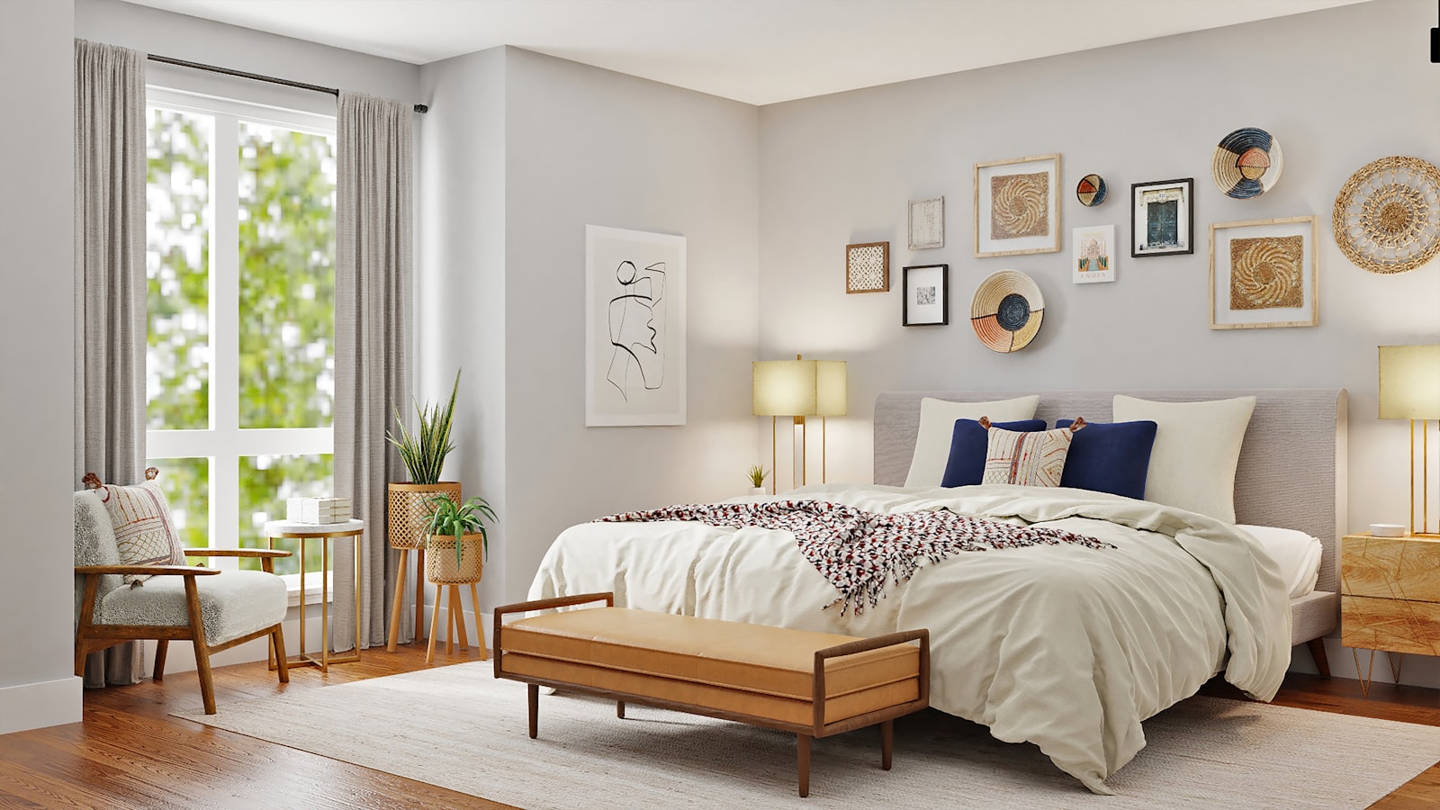 Open shelving styled with a balanced mix of ceramics, plants, and books in a light interior