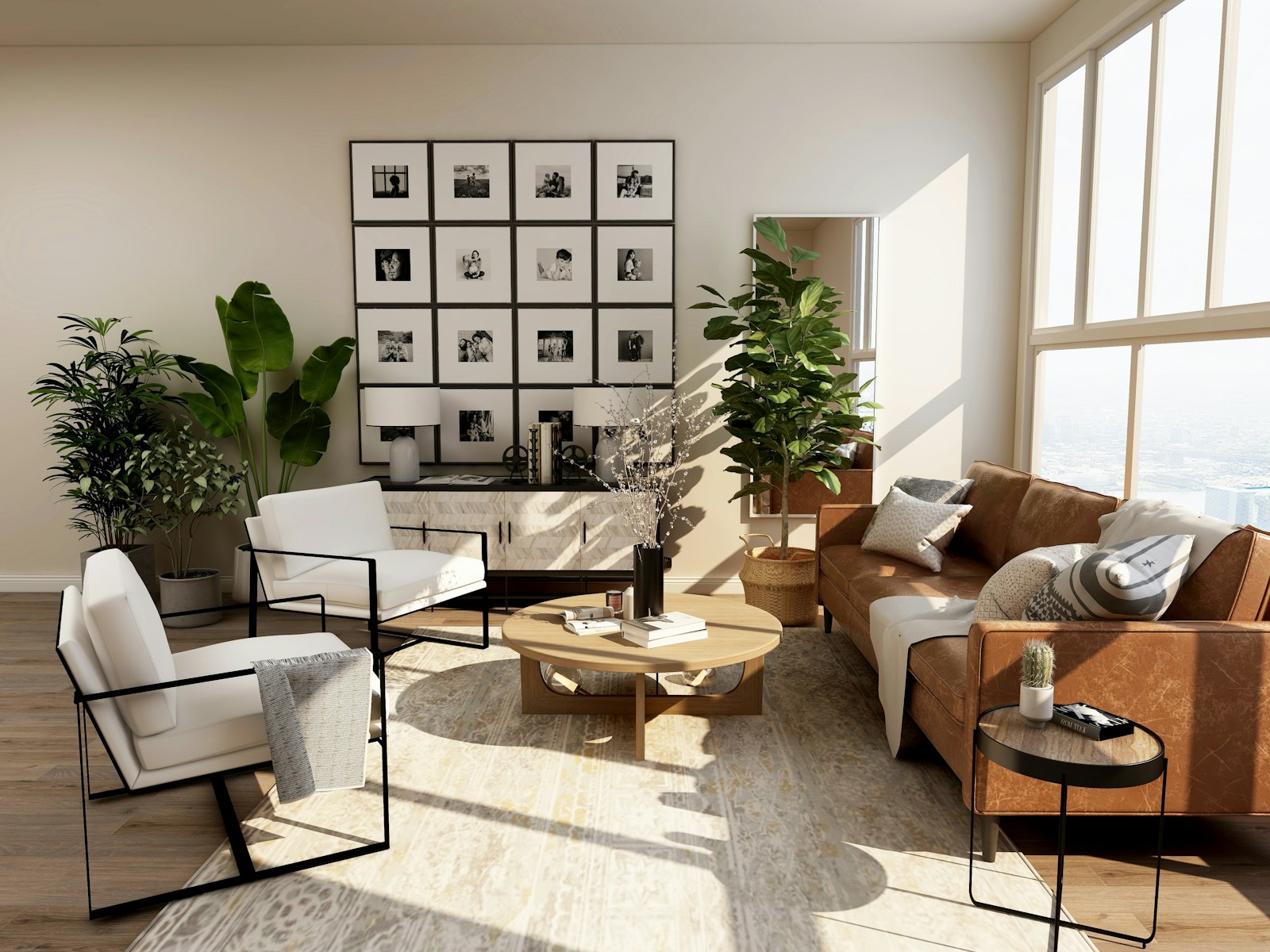 A tidy, neutral-toned living room with neatly arranged furniture and open storage